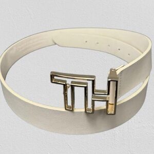 Tommy Logo Buckle Taupe Faux Leather Belt XL Gold Hardware NWT